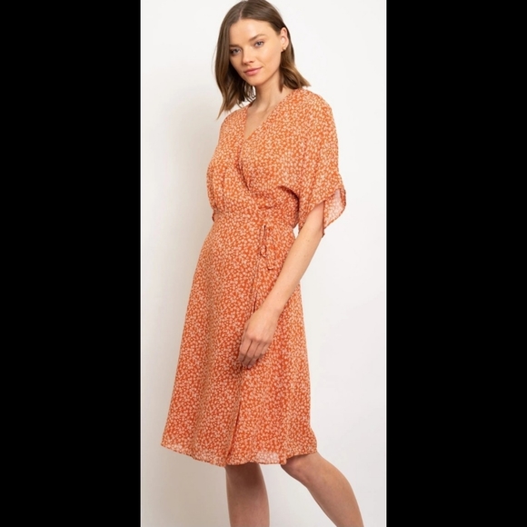 orange ditsy floral flutter sleeve chiffon v-neck Cottagecore Wrap Dress - Picture 2 of 7